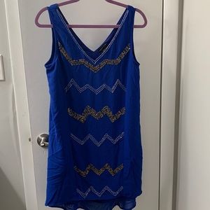 Royal blue, medium, semi high/low midi dress.